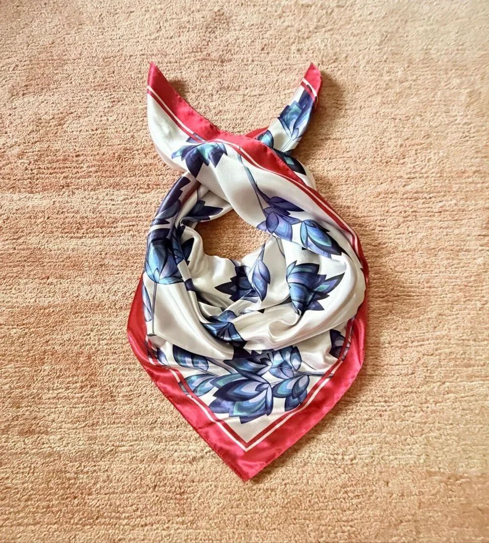 Large Square Floral Scarf Red Blue Ivory 35”